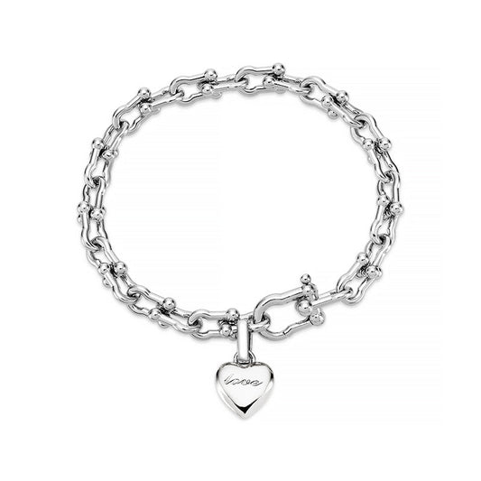 DLB Silver-Finished Copper Love Link Bracelet with Heart Charm
